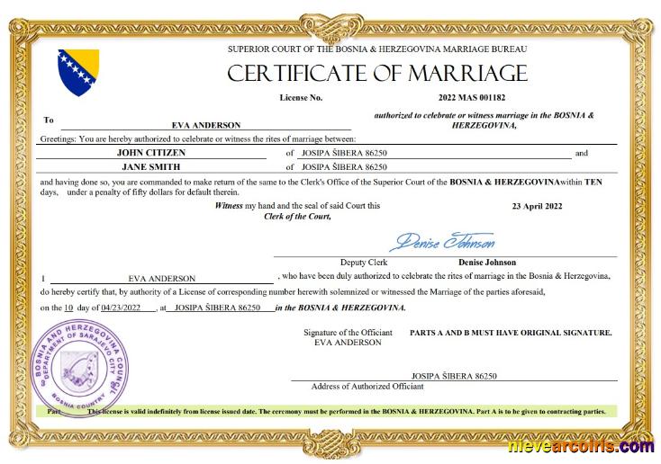 Bosnia & Herzegovina marriage certificate